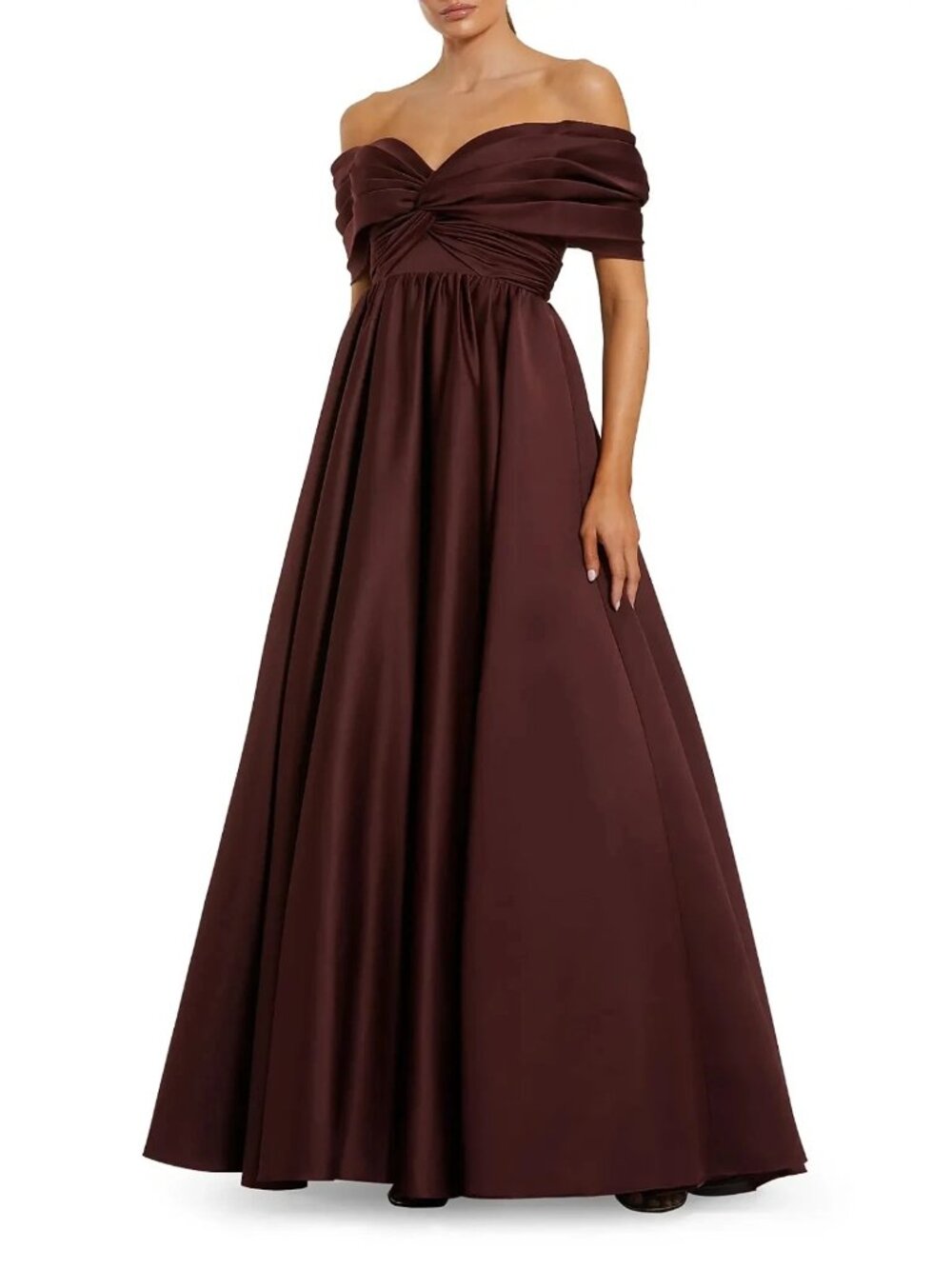 Mac Duggal Wine Burgundy Satin Off Shoulder Twist Evening Ballgown